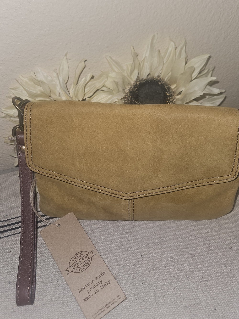 Italian Leather Wristlet Clutch in Tan/Mustard